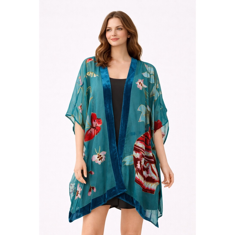 Chico's Teal Floral Velvet Trim Kimono Cardigan One Size‎ Lightweight